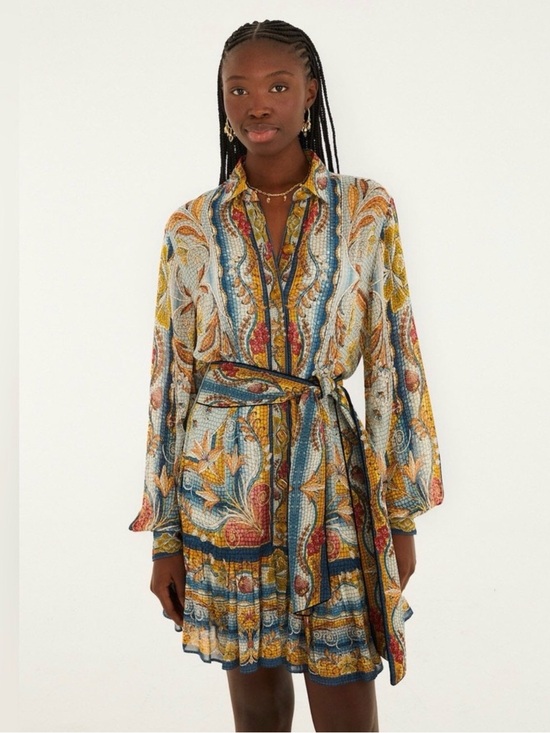 FARM RIO Dresses & Skirts - Farm Rio Mosaic Garden Mini Dress Belted Button Front Floral Boho Small